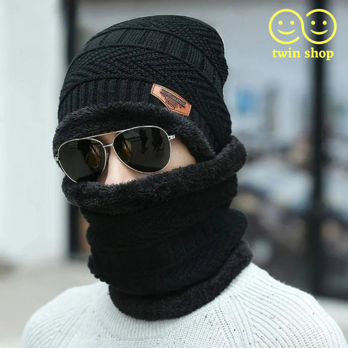 Winter Cap And Neck Elastic Knitting Thick Fleece Warm Woolen Beanie Cap Sport Hat & Neck Scarf Set 2 Piece(random Colors)