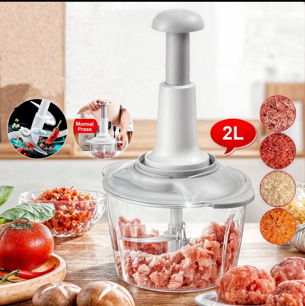 Big Size 2 Liter, 2000 ML, Hand Pat Food Processor - Hand Push Chopper Machine Food Processor - Home Appliances - Small Kitchen Appliances / Meat Chopper Cutter / Handheld Vegetable Chopper / Mincer / Mixer / Blender to Chop Fruits - Onion