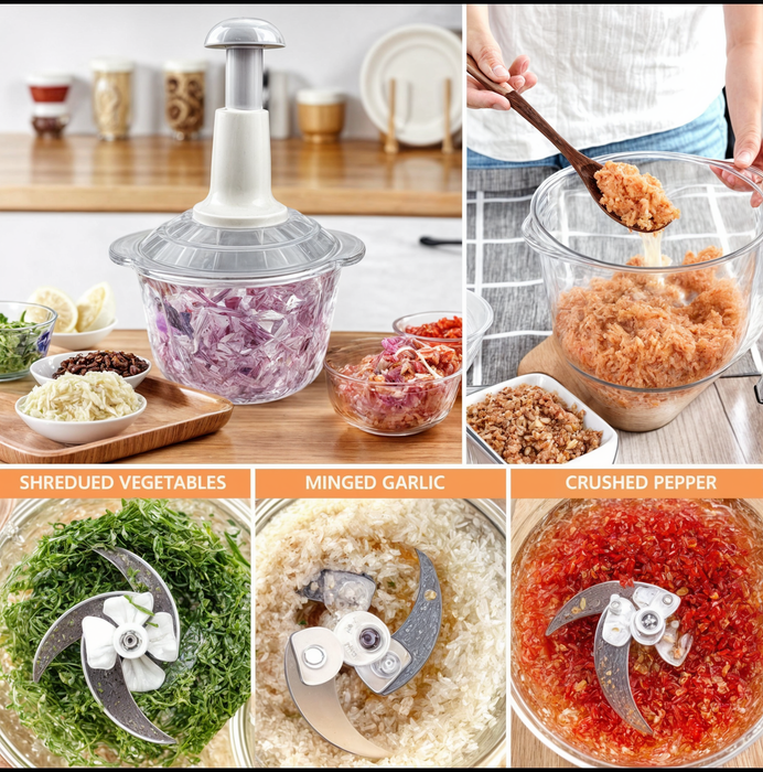 Big Size 2 Liter, 2000 ML, Hand Pat Food Processor - Hand Push Chopper Machine Food Processor - Home Appliances - Small Kitchen Appliances / Meat Chopper Cutter / Handheld Vegetable Chopper / Mincer / Mixer / Blender to Chop Fruits - Onion