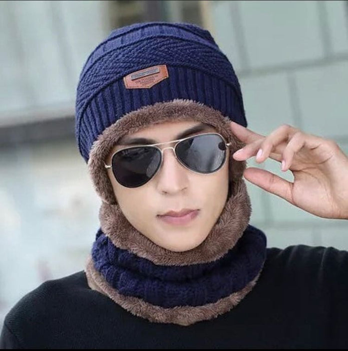 Winter Cap And Neck Elastic Knitting Thick Fleece Warm Woolen Beanie Cap Sport Hat & Neck Scarf Set 2 Piece(random Colors)